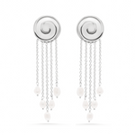 Silver earrings with circular designs and pearl-like beads on a white background