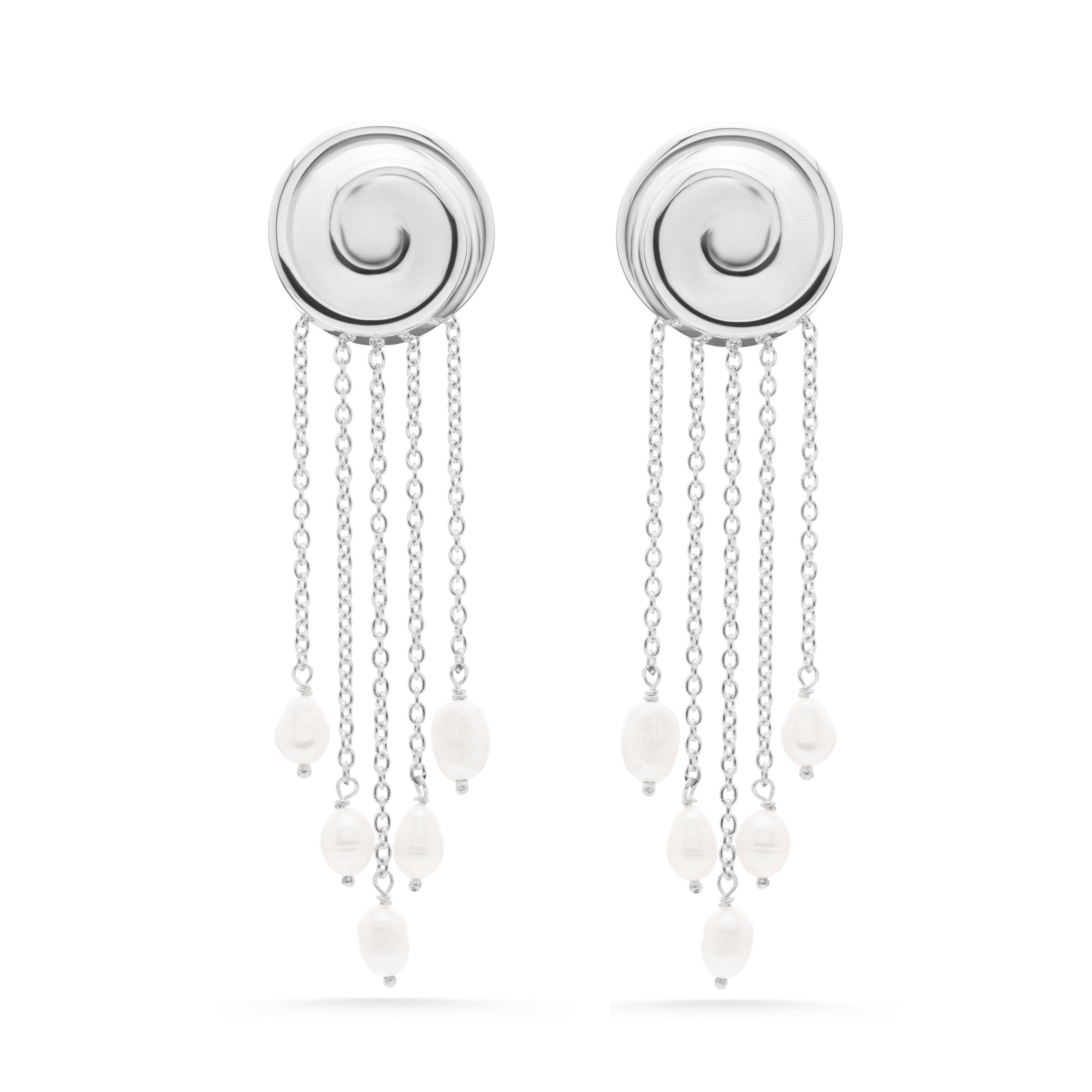 Silver earrings with circular designs and pearl-like beads on a white background